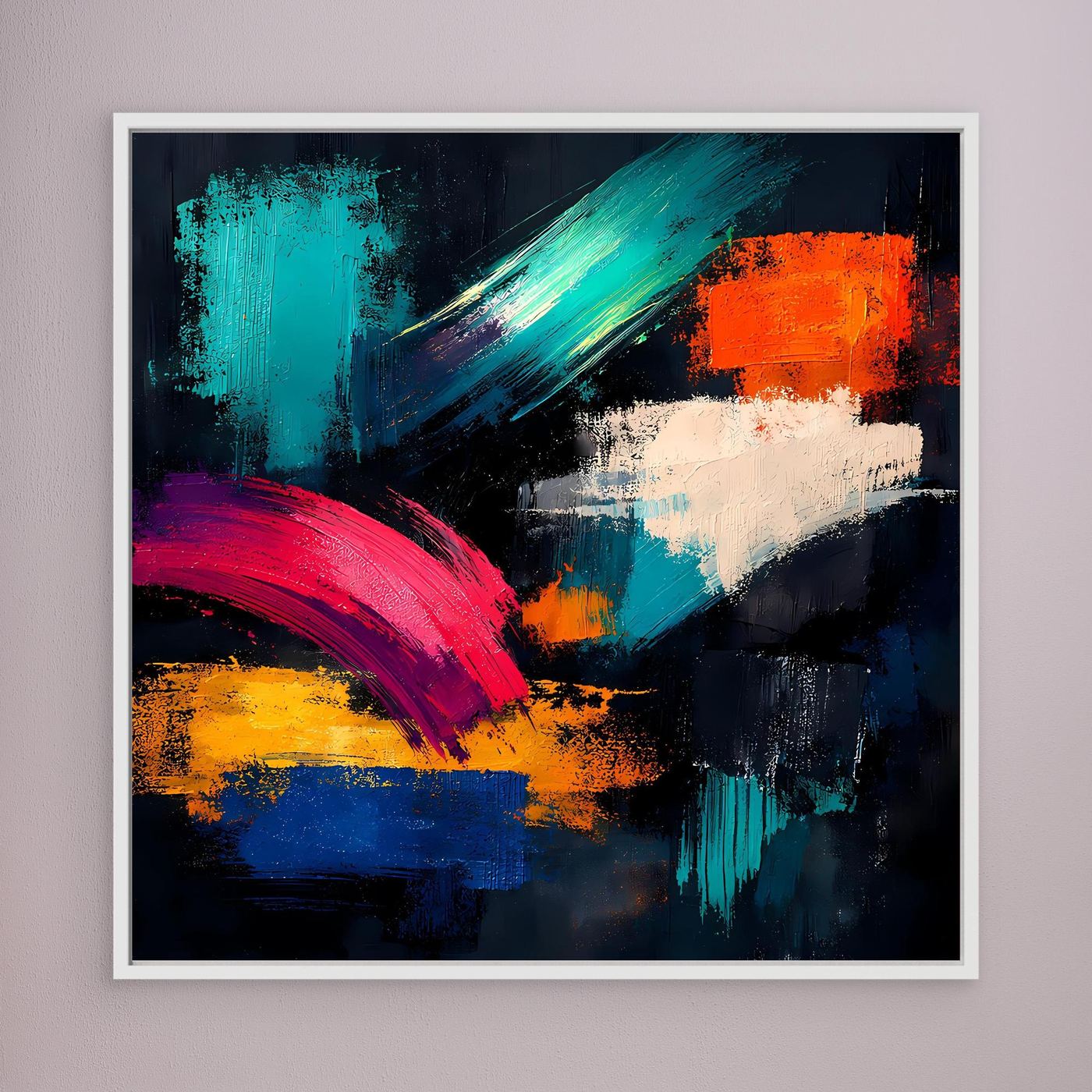 Gerahmtes Leinwandbild mit bunten Pinselstrichen: Türkis, Orange, Pink, Gelb und Blau