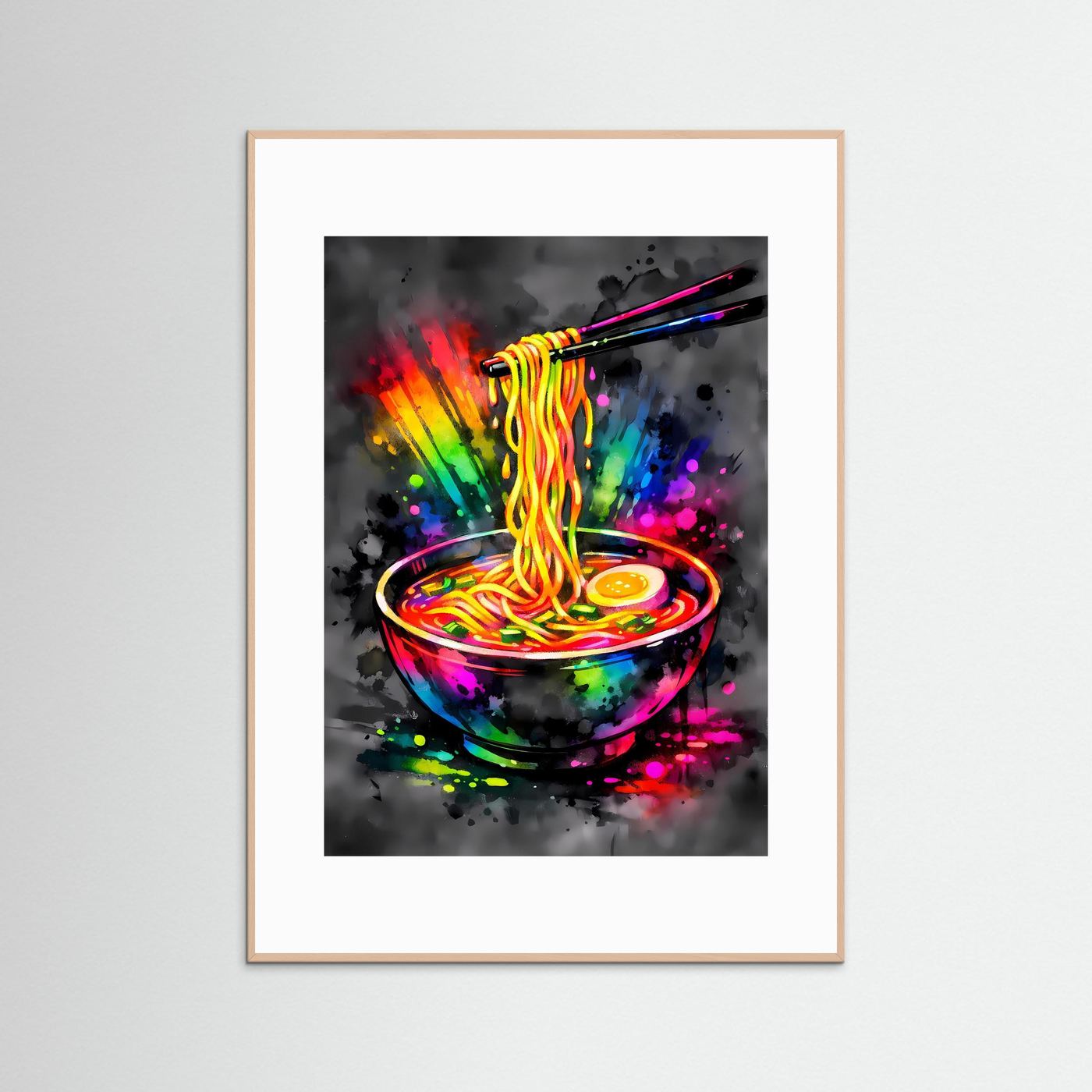 Die Kunst des Genusses | Neon Ramen Poster in Regenbogenfarben & Schwarz | Abstraktes Pop-Art Kunstposter Hochformat