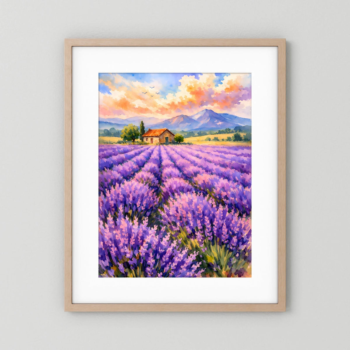 Poster im Hochformat mit hellem Holzrahmen und weißem Rand, Lavendelfeld mit Haus
