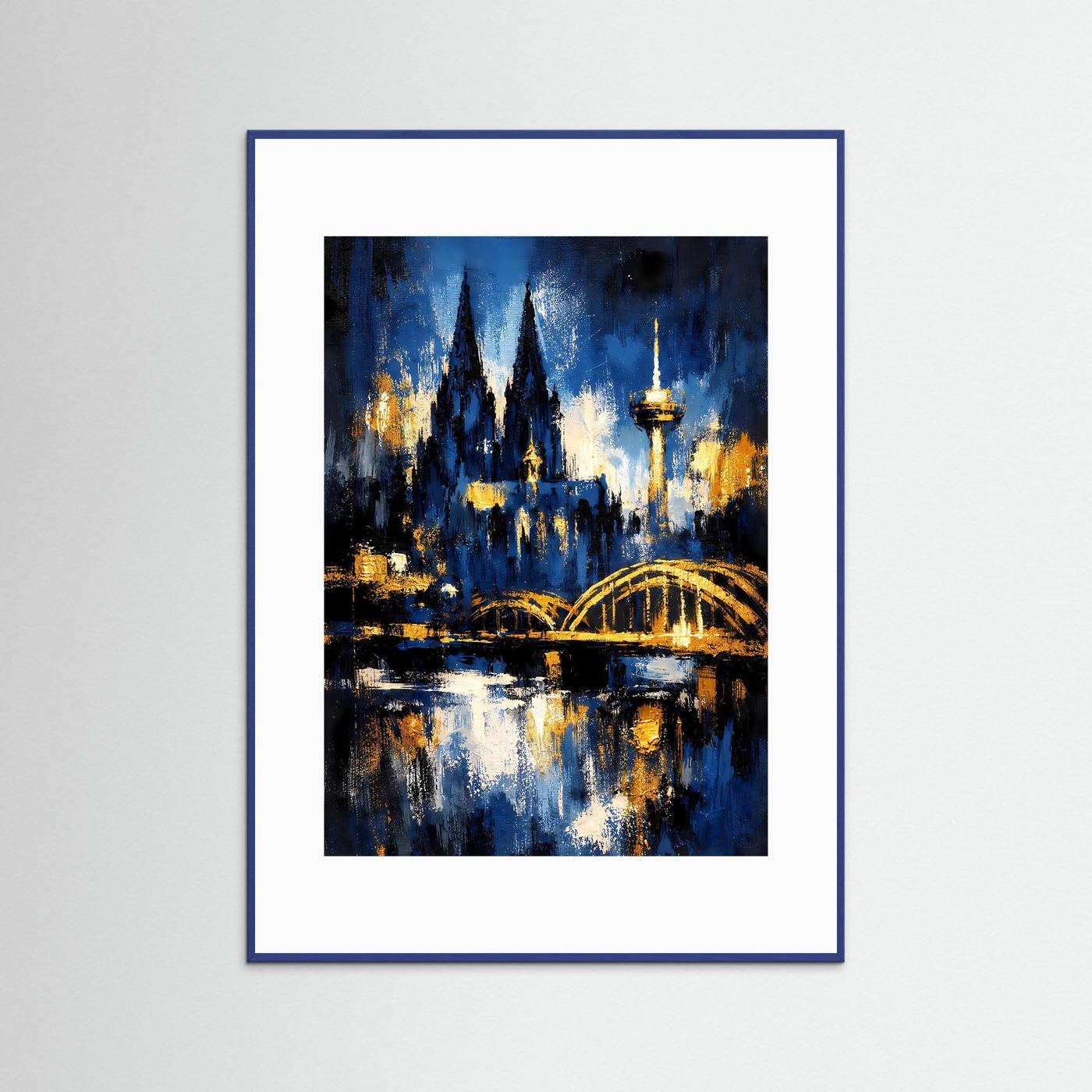 Gerahmtes Skyline-Poster mit blau-gelber Abstraktmalerei, Domspitzen und Brücke