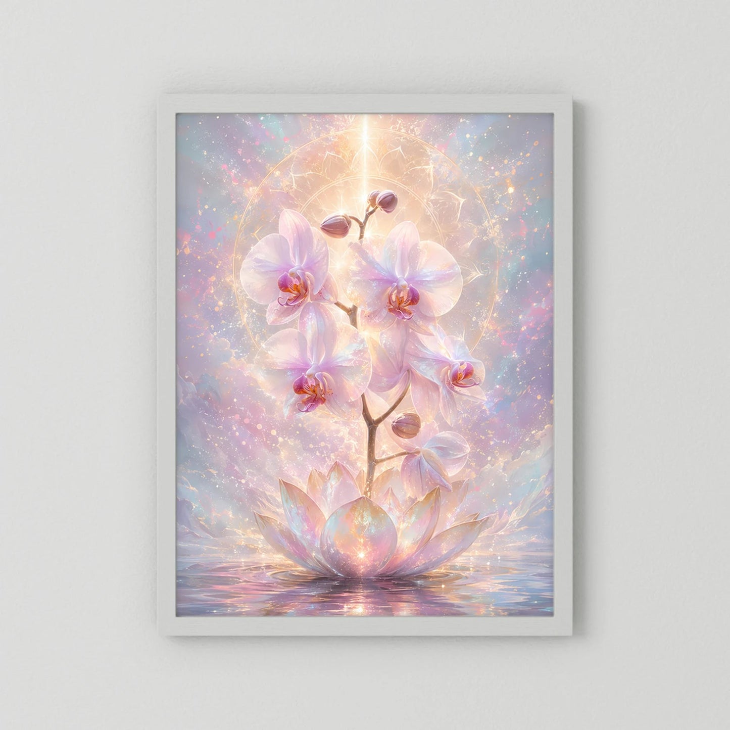Hochformat-Poster mit Orchideen- und Lotusblüten in Pastell, Gold-Glanz, weißer Rahmen