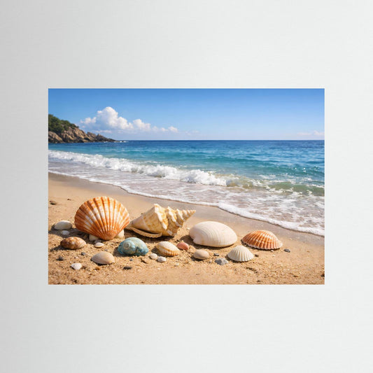 Poster im Querformat mit Muscheln am Sandstrand und Meereswellen