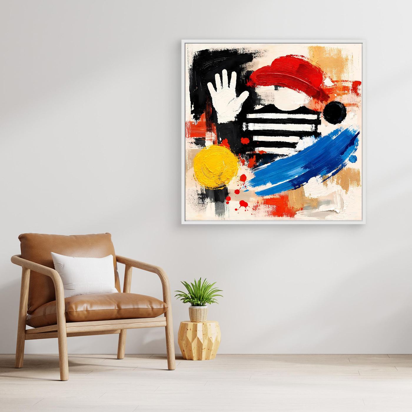 Abstract pop art canvas wall print with hand and stripes in red, blue, yellow, white frame