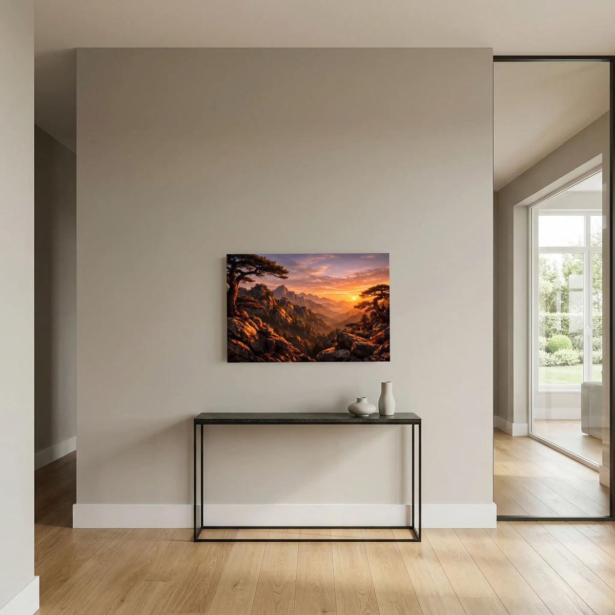 Kleines Wandposter im Querformat mit Alpenlandschaft und Sonnenuntergang