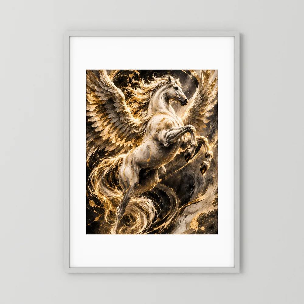 Pegasus-Poster mit weißem Rahmen und breitem Passepartout, goldene Flammenoptik