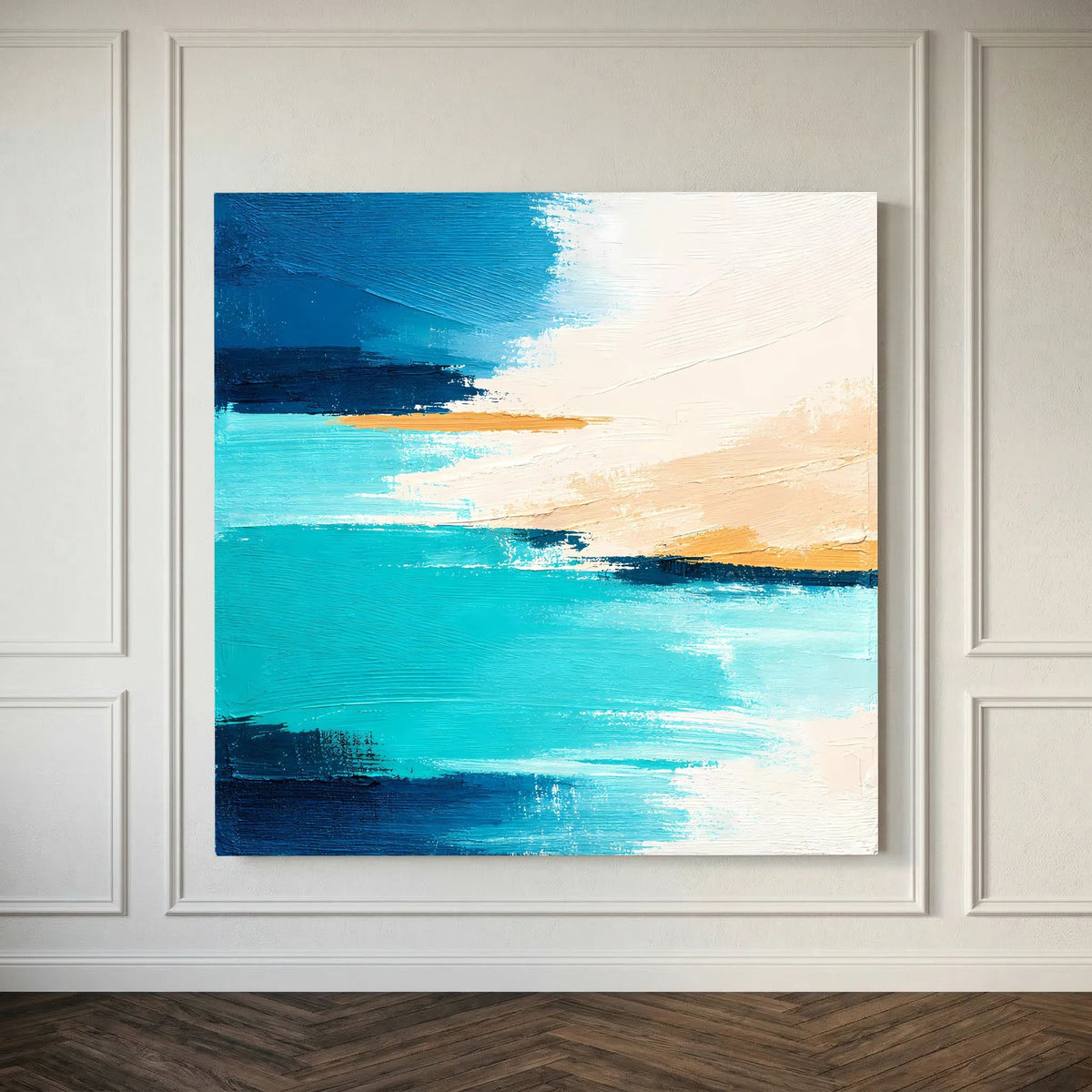 Abstraktes Meeres-Acryl-Wandbild in Türkis und Beige, quadratisch, weiß gerahmt