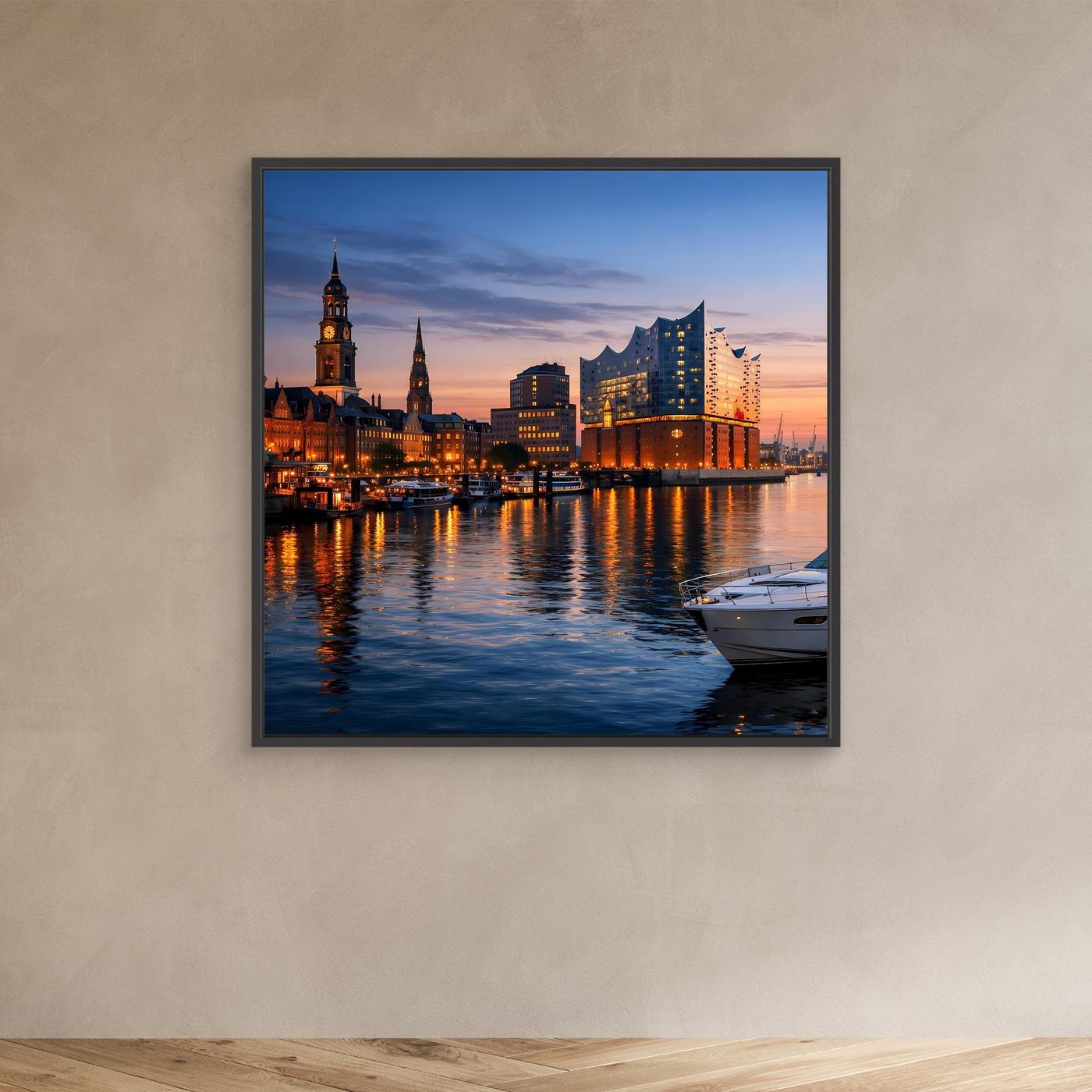 Leinwand-Wandbild mit Skyline am Wasser bei Dämmerung, beleuchtete Gebäude und Boot, schwarzer Rahmen