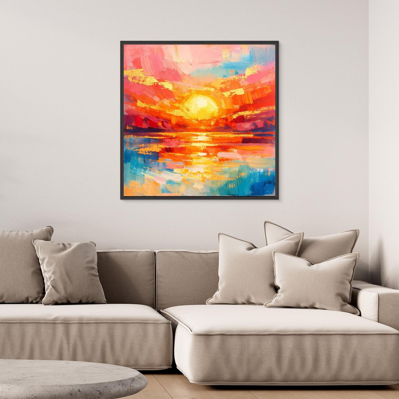 Leinwandbild mit abstraktem Meer und leuchtender Sonne, orange-blaue Pinselstriche, schwarzer Rahmen