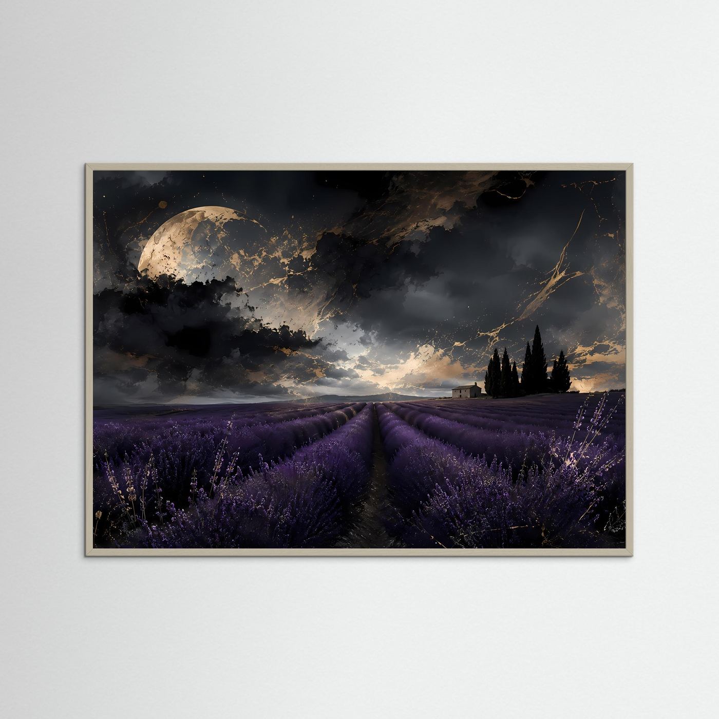 Nächtliches Lavendelfeld in der Provence | Mystisches Poster mit Mond & Gold | Wandbild Querformat