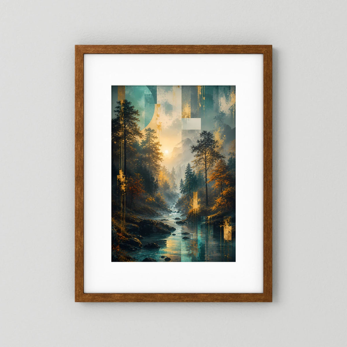 Poster Hochformat Wald- und Flusslandschaft, abstraktes Morgenlicht, Holzrahmen mit weißem Rand