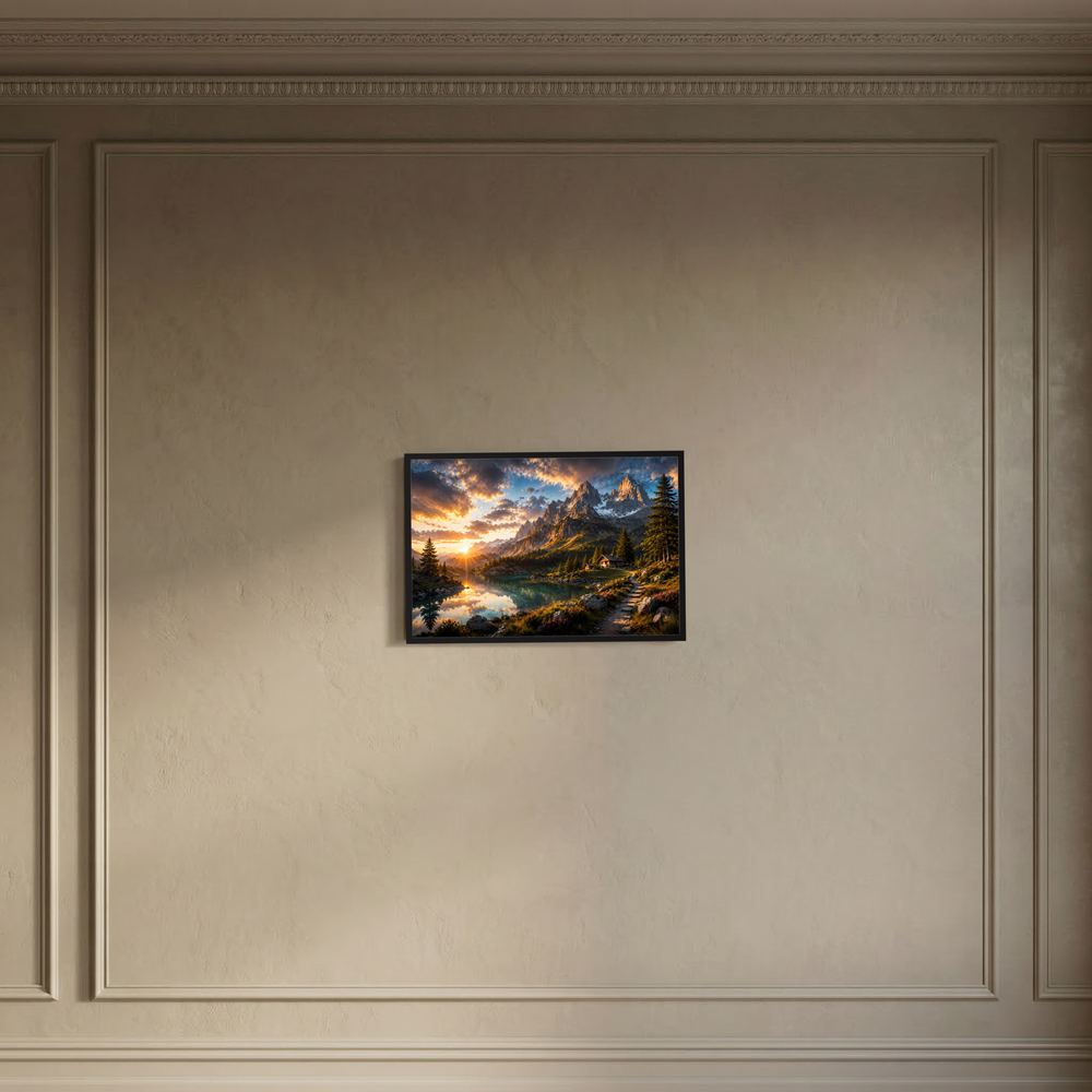 Wandposter im Querformat mit Alpenlandschaft, Bergspiegelung und Berghütte im dunklen Rahmen