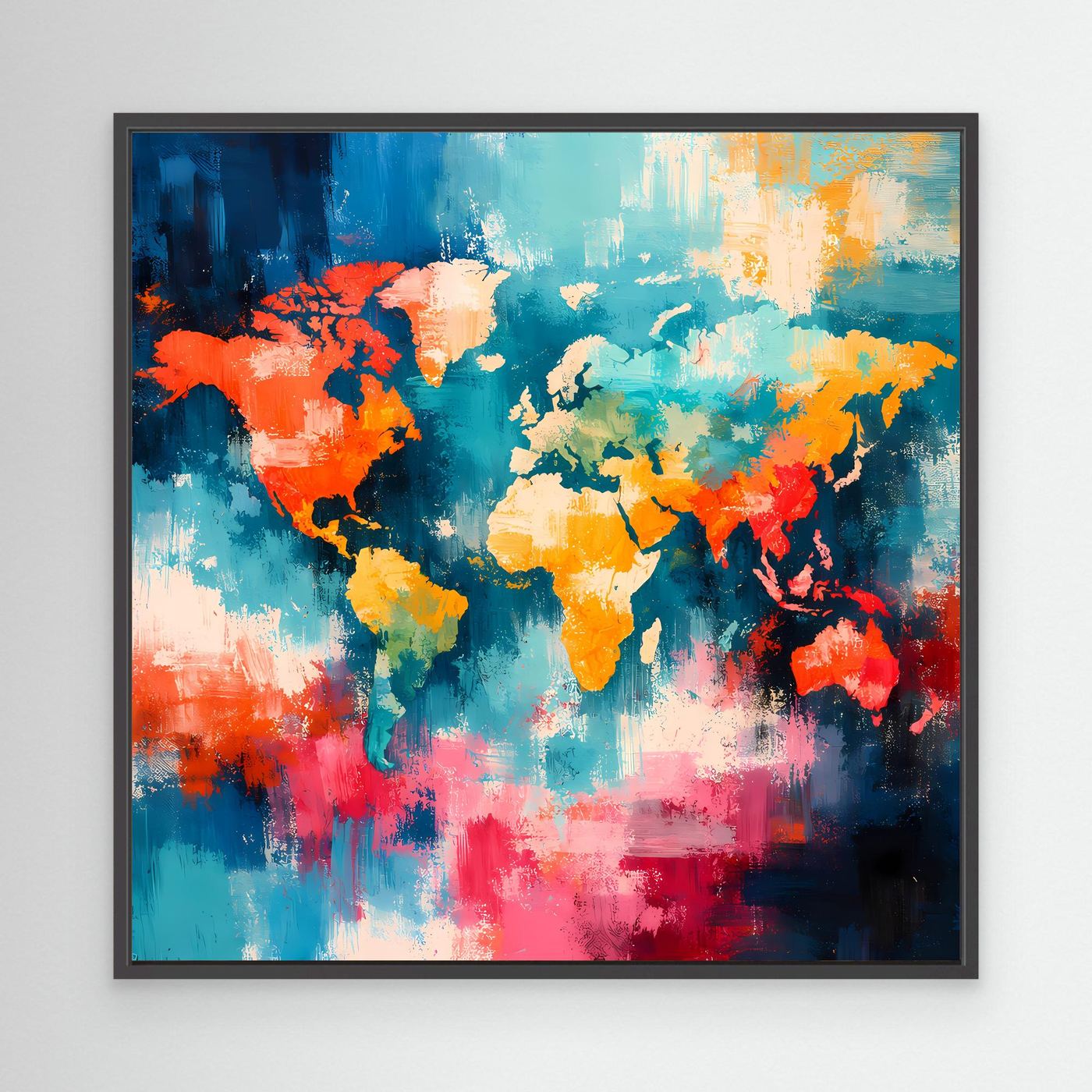 Abstract world map canvas with colorful brushstroke continents and black frame