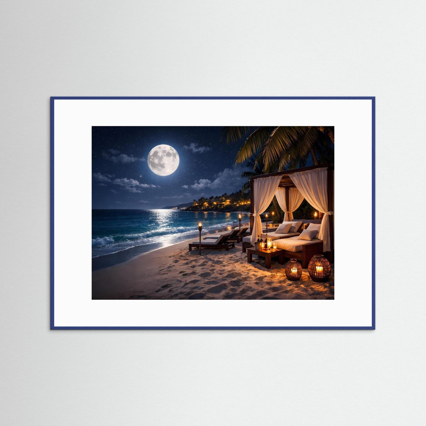 Poster im Querformat mit blauem Rahmen und weißem Rand: Abendstrand mit Vollmond