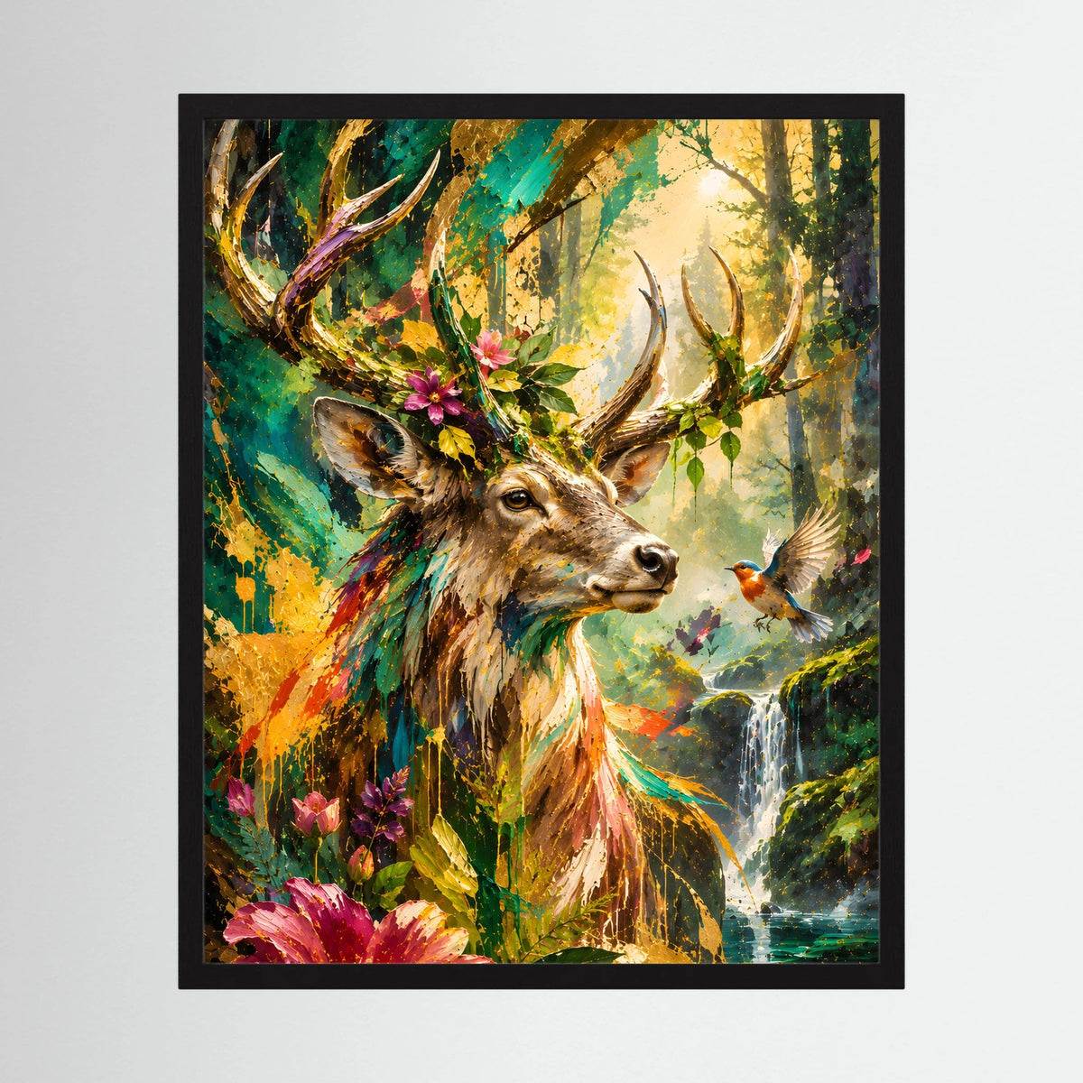 Gerahmtes Tierposter: Hirsch im farbigen Wald mit Blumen, Vogel und Wasserfall