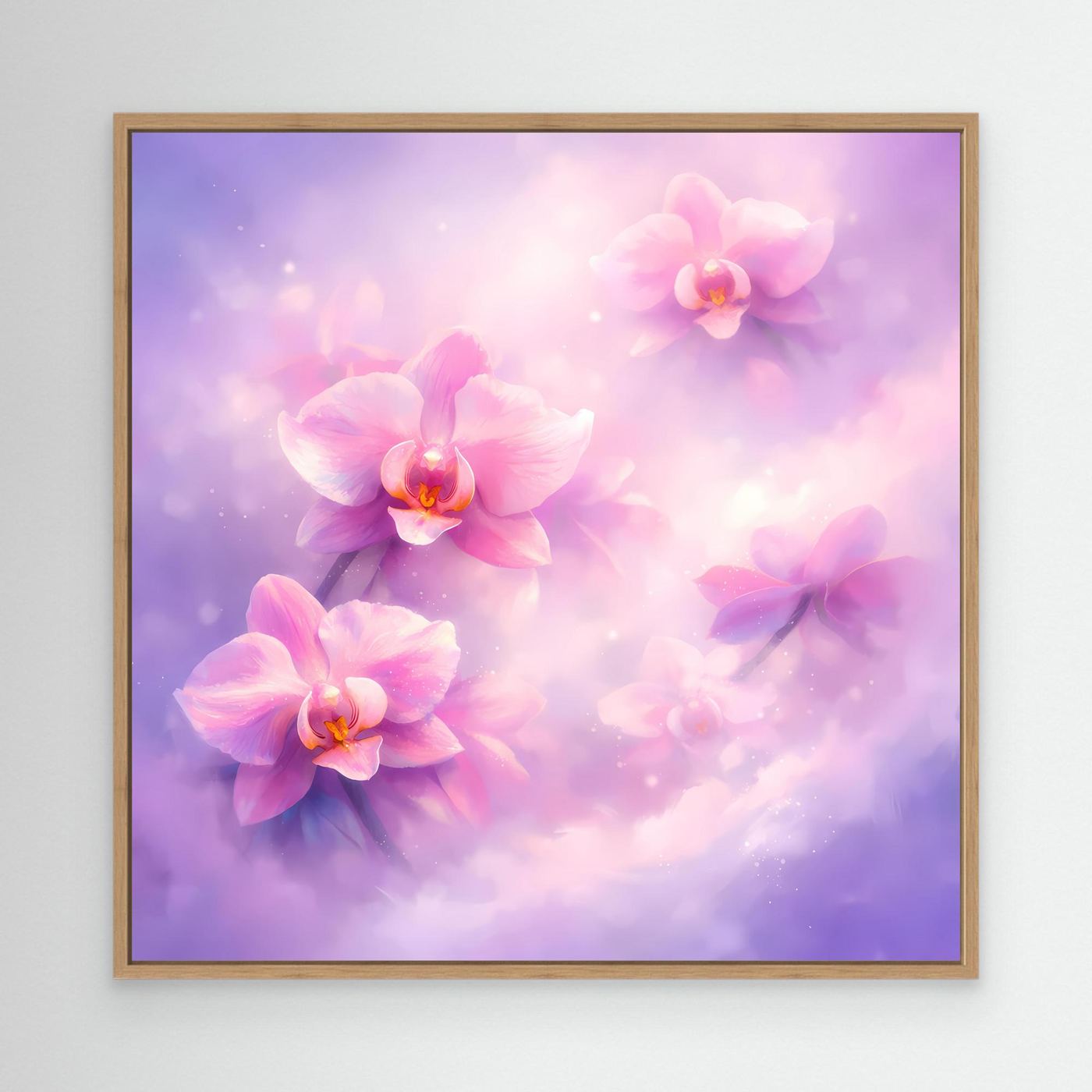 Leinwandbild mit pastellfarbenen Orchideen, braunem Holzrahmen