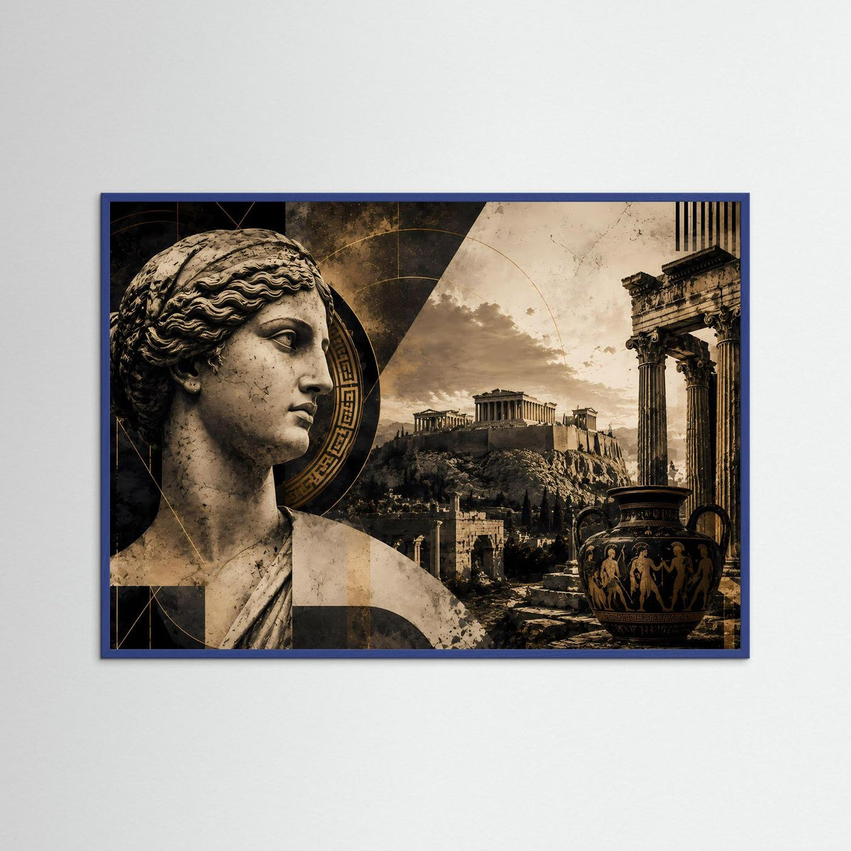 Wandkunst mit griechischer Statue im Schwarz-Gold-Print, gerahmt in blauem Holzrahmen