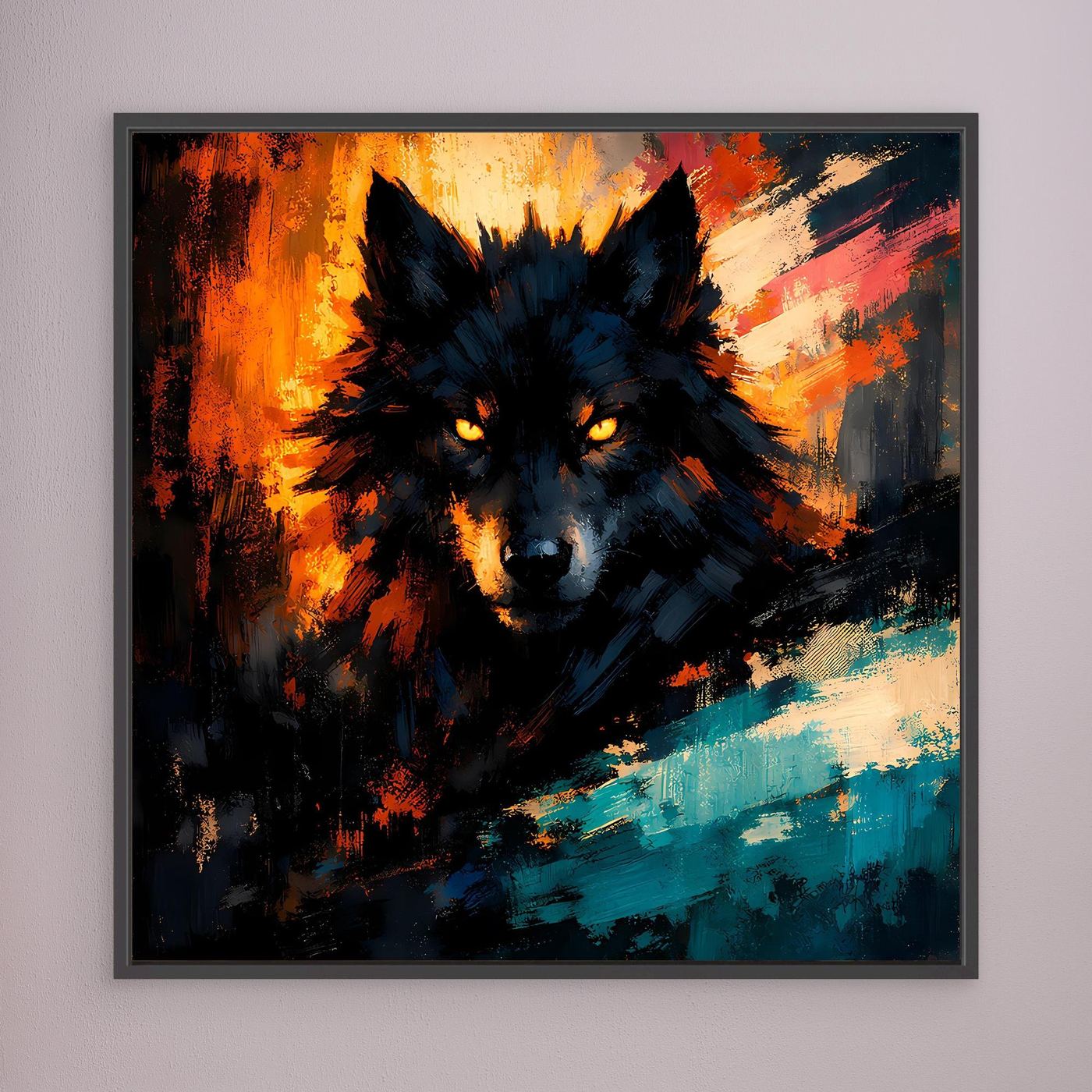 Abstraktes Wandbild: Wolfsgesicht in dunklen Tönen, Flammenoptik, türkisfarbene Pinselstriche, schwarzer Rahmen