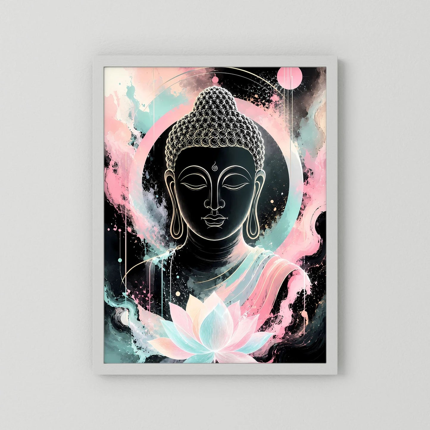 Buddha-Poster im Hochformat mit Lotusblüte, weißer Einfassung ohne sichtbaren Rahmen