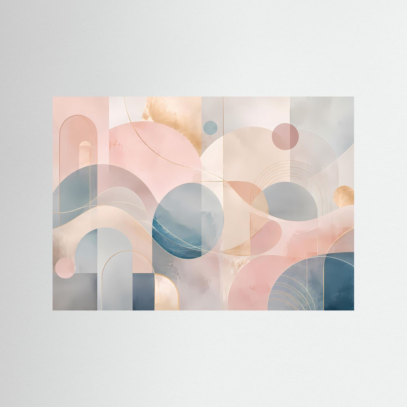 Abstrakte Geometrische Formen in Pastellrosa, Blau & Beige | Moderne Minimalistische Wandkunst mit Bögen, Kreisen und Goldenen Linien | Elegantes Premium Wandbild im Querformat