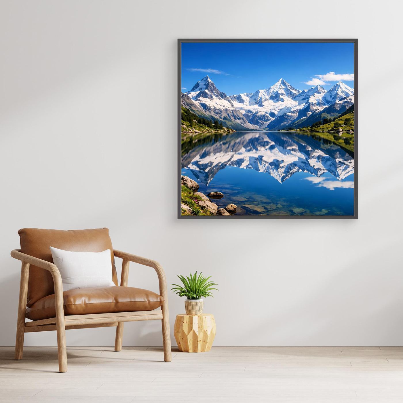Gerahmtes Leinwandbild mit Bergsee und Spiegelung der Alpen, Blau und Grün