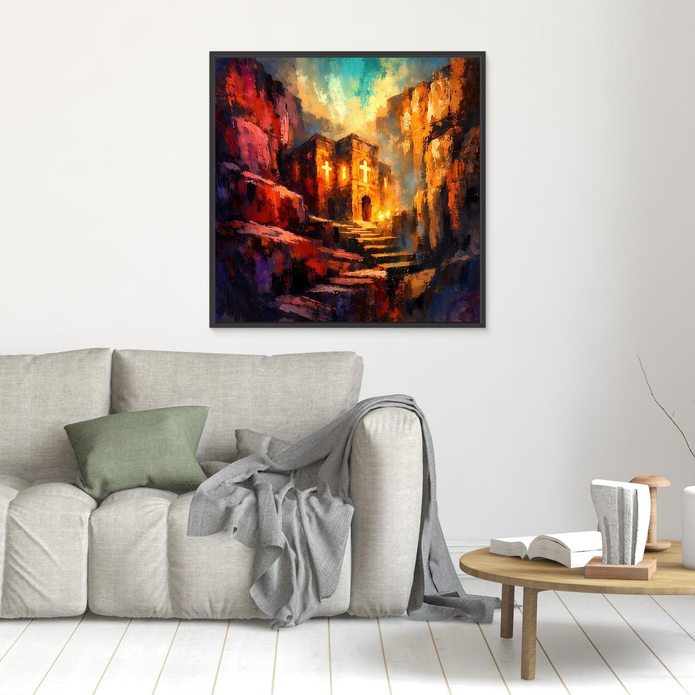 Kleines Leinwand-Wandbild mit abstraktem Felsenkloster und leuchtenden Kreuzen, schwarz gerahmt