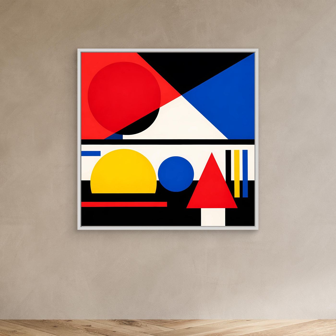 Leinwandbild mit geometrischer Abstraktion im weißen Rahmen: Kreise, Dreiecke und Balken