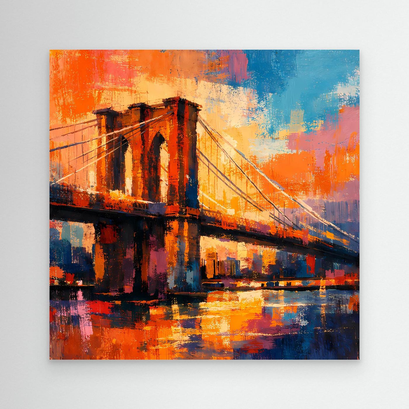 Leinwandbild mit Brückenmotiv, orange-blauer Farbverlauf, ohne Rahmen