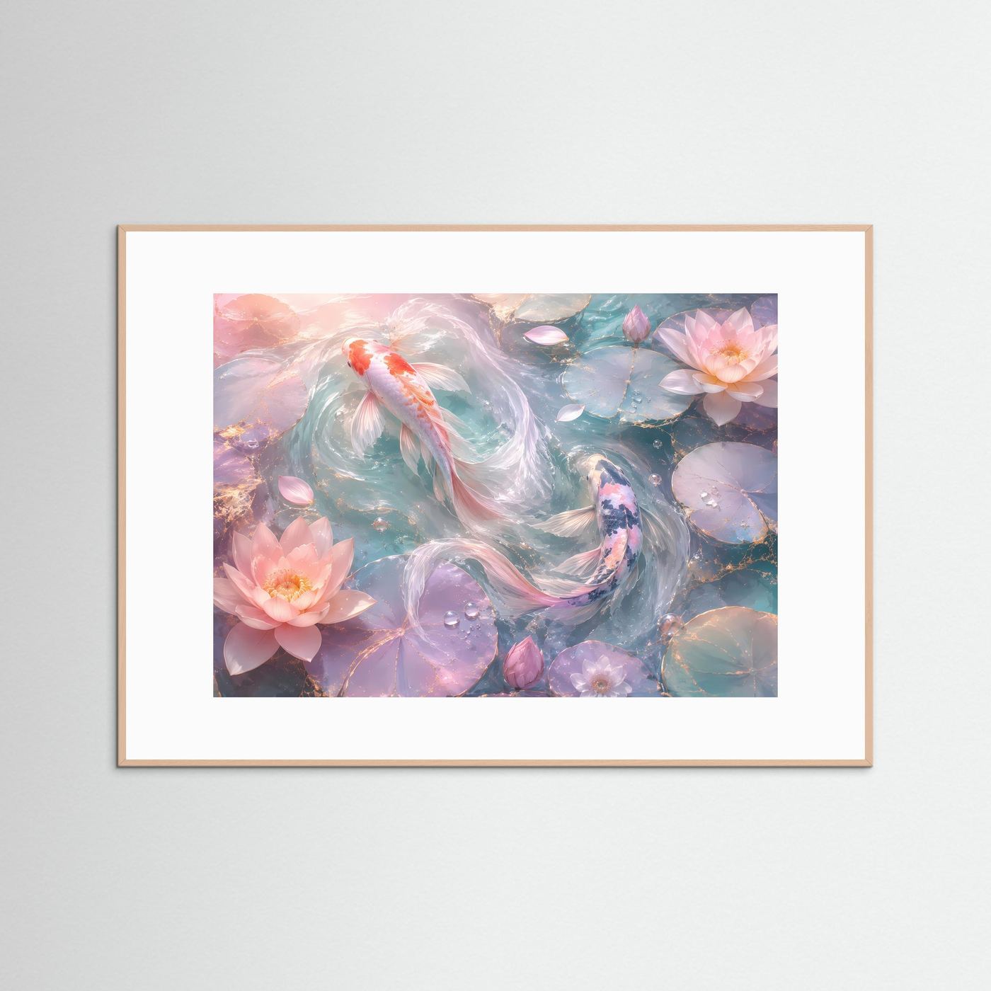 Koi-Karpfen & Lotusblüten in Pastell | Elegante Zen-Wandkunst mit Goldakzenten
