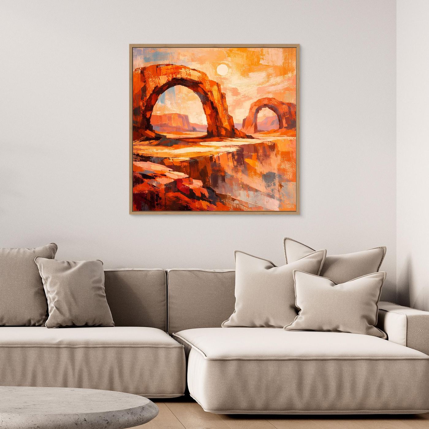 Quadratisches Leinwand-Wandbild: orange-roter Canyon mit hellem Kreis am Himmel, abstrakt.