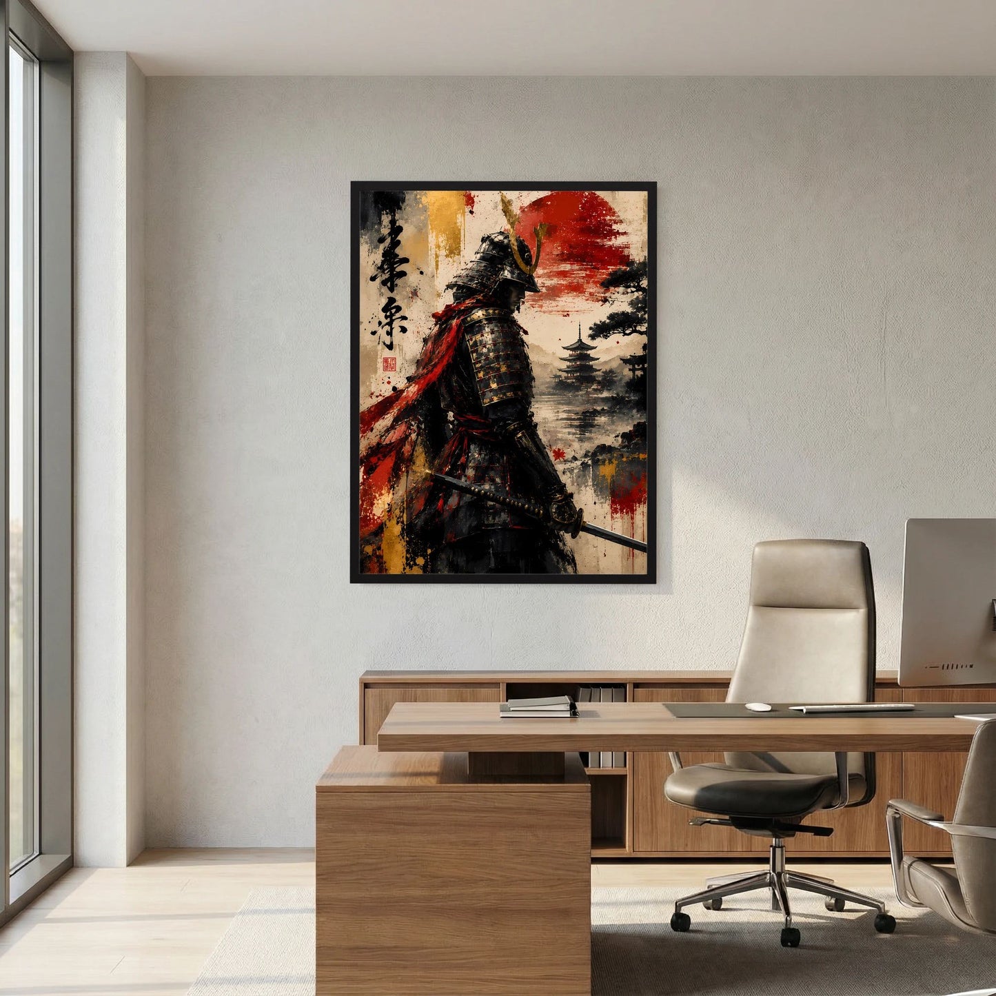 Quadratisches Poster im schwarzen Rahmen: Samurai in Schwarz und Rot vor Landschaftshintergrund.