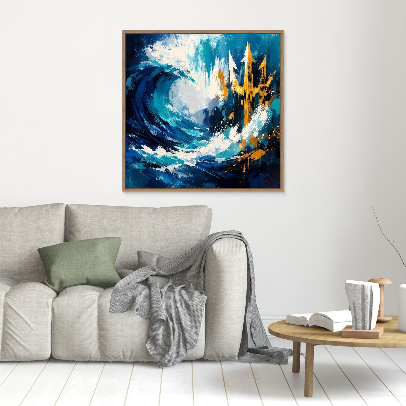 Gold-toned framed ocean wave canvas art with gold skyline and blue abstract brush strokes