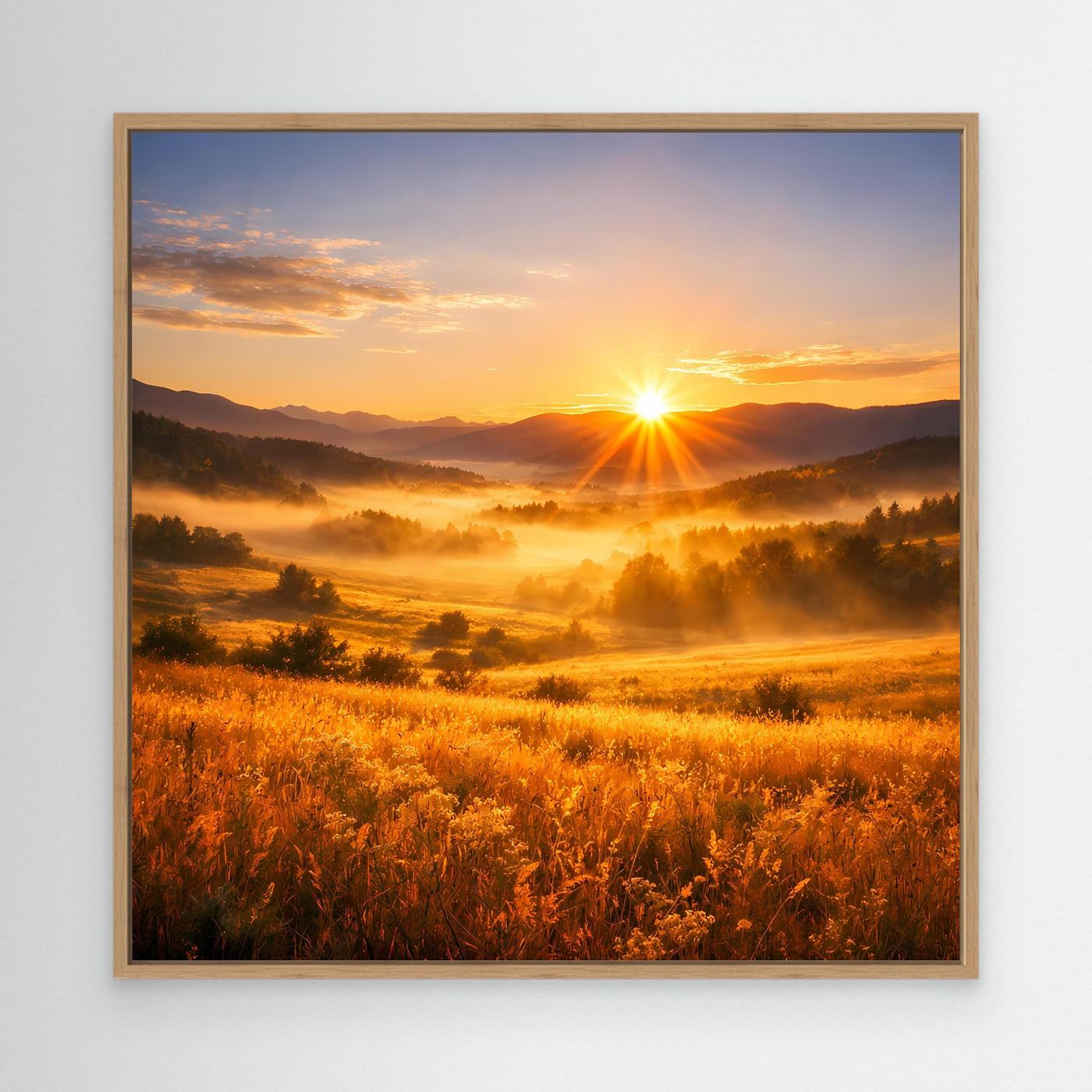 Leinwandbild im Eichenrahmen mit Sonnenaufgang über Bergtal, Nebel über den Wiesen.
