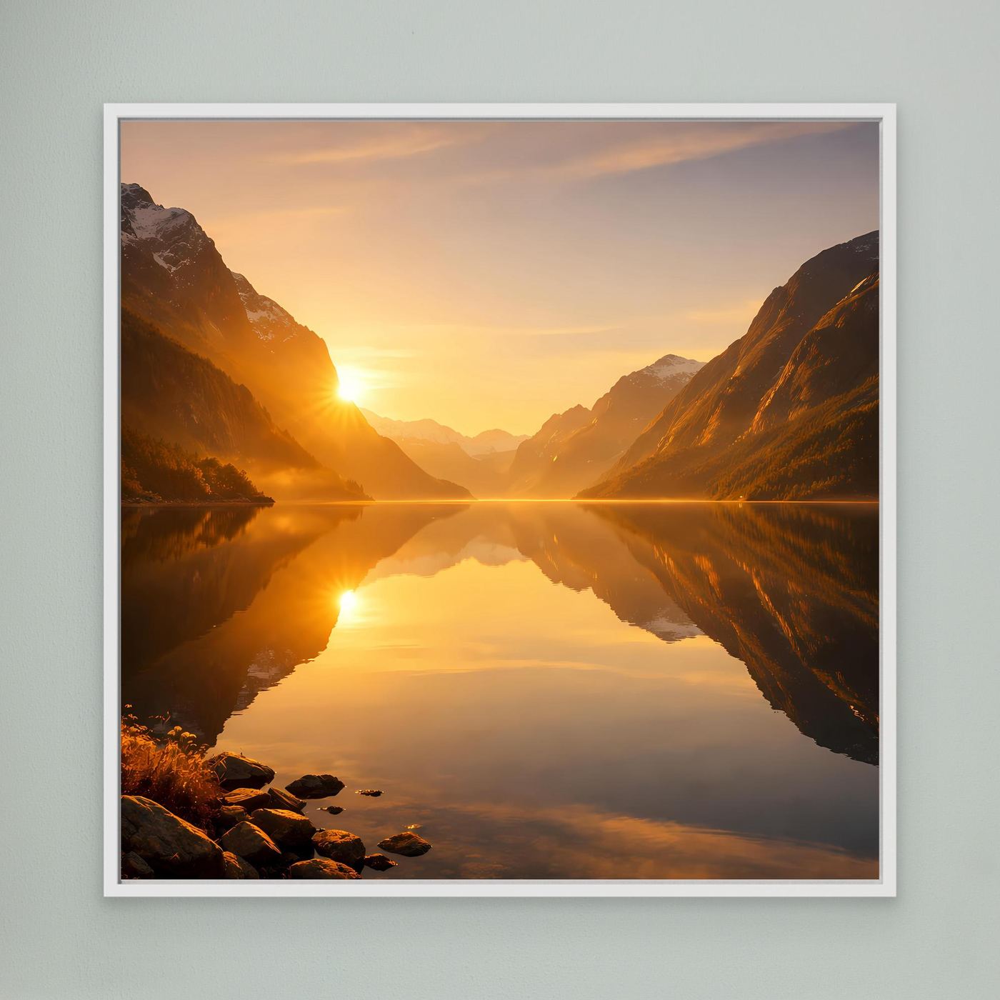Leinwandbild mit Sonnenaufgang über Fjord, spiegelndes Bergtal, weißer Rahmen.