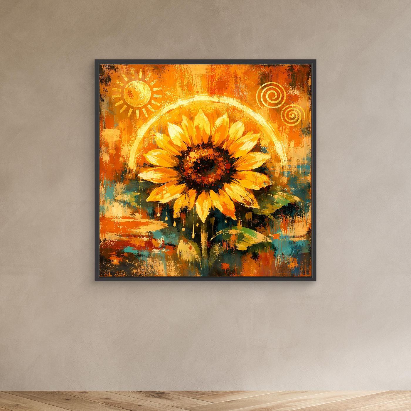 Abstraktes Leinwand-Wandbild mit goldener Sonnenblume und Kreismotiven, schwarzer Rahmen