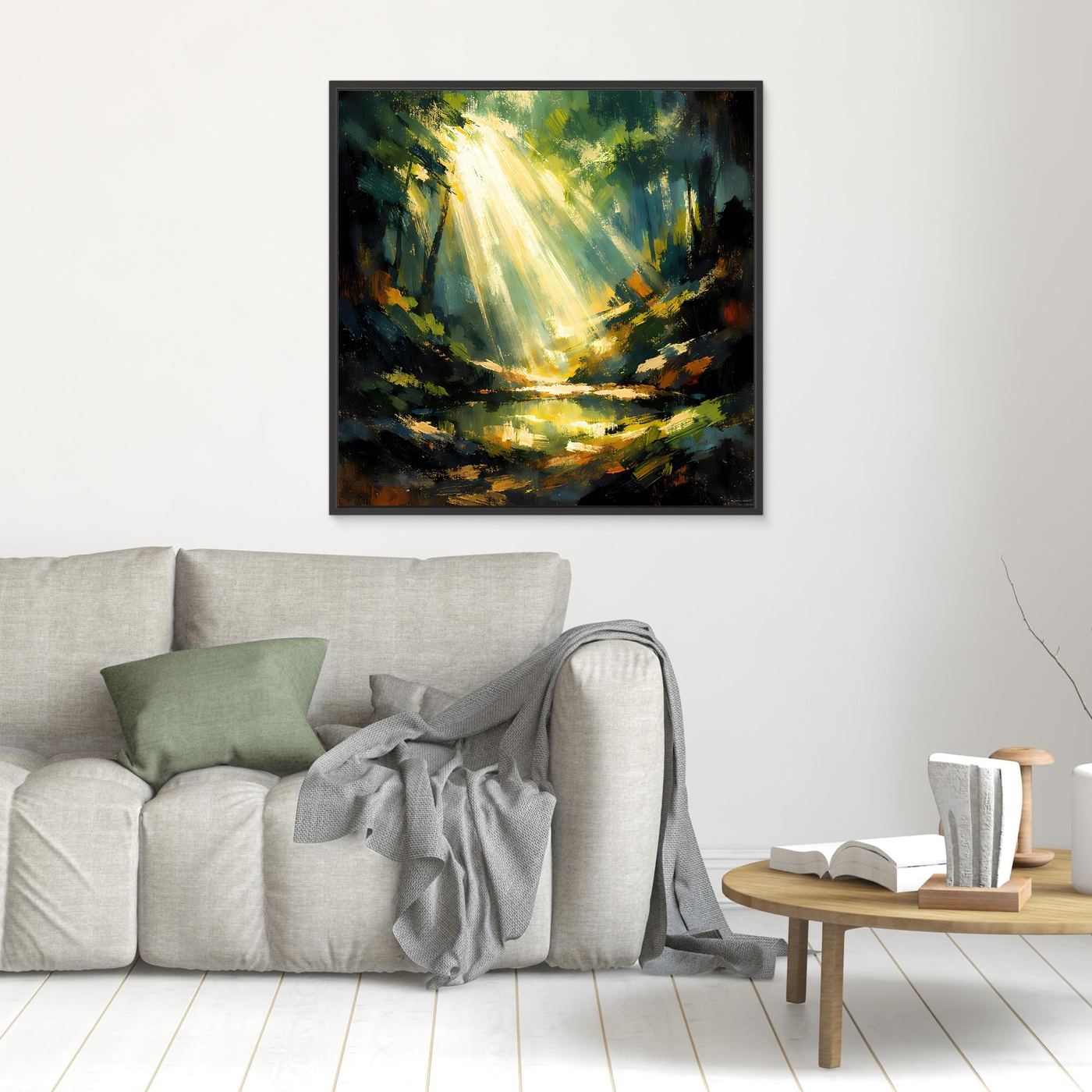 Kleines Leinwand-Wandbild mit goldenen Lichtstrahlen im Wald, schwarzer Rahmen