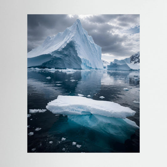 Hochformat-Poster mit Antarktis-Eisbergen, blaues Schmelzwasser und weißen Eisflächen