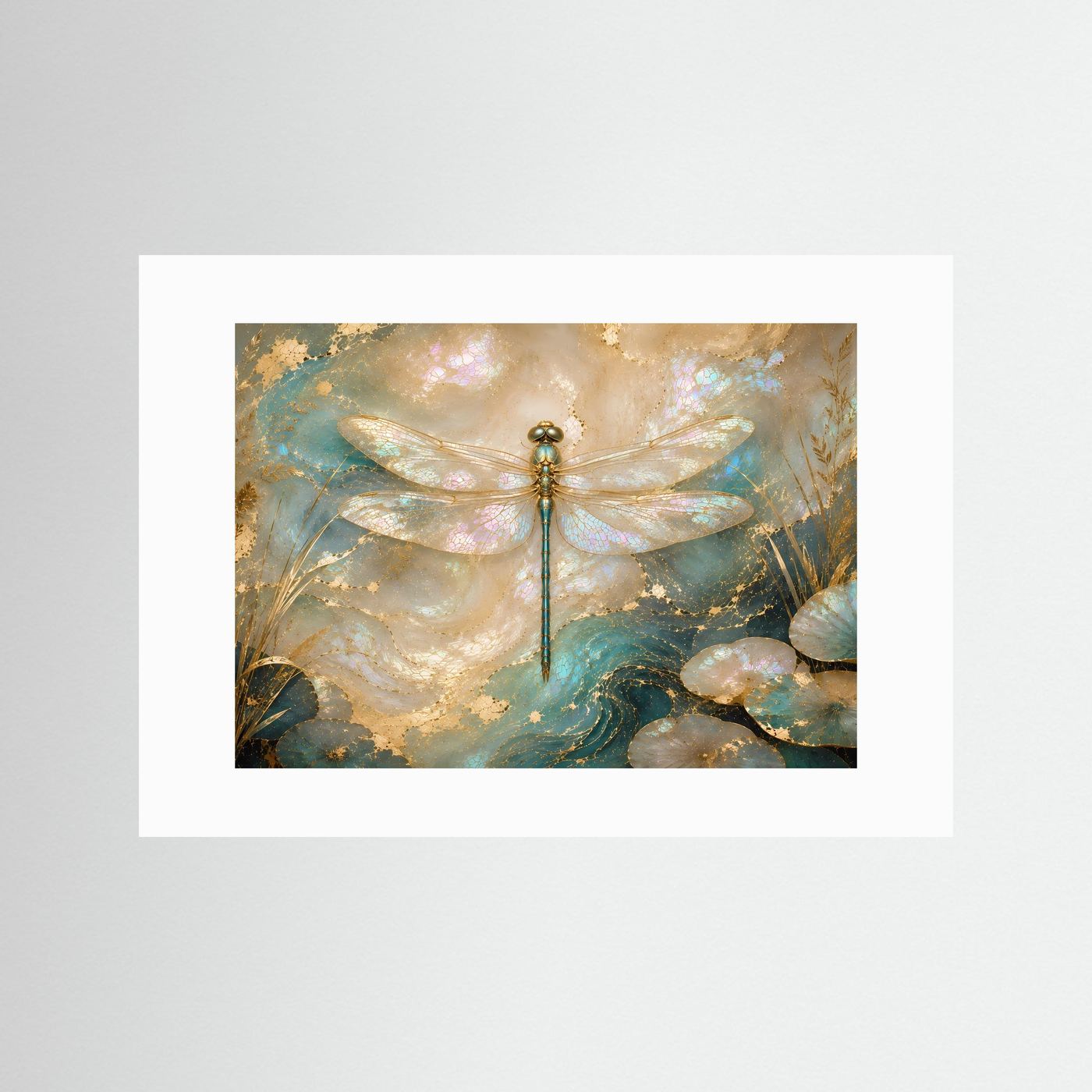Wandkunst mit Libelle in Gold- und Perlmuttoptik im weißen Passepartout, ohne Rahmen