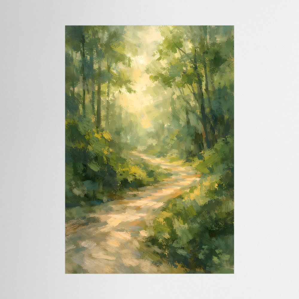 Waldweg-Poster Hochformat ohne Rahmen, grüner Waldweg mit hellem Sonnenlicht