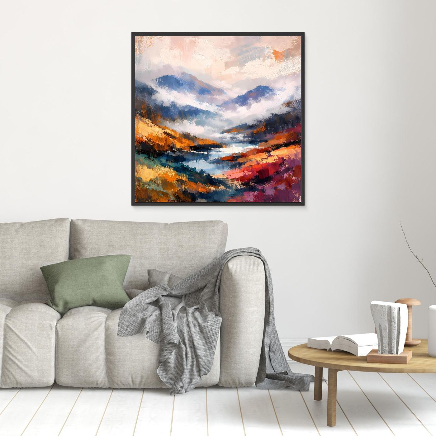 Leinwand-Wandbild: abstrakte Berglandschaft mit Fluss, schwarzer Rahmen, blau-orange Farbflächen.