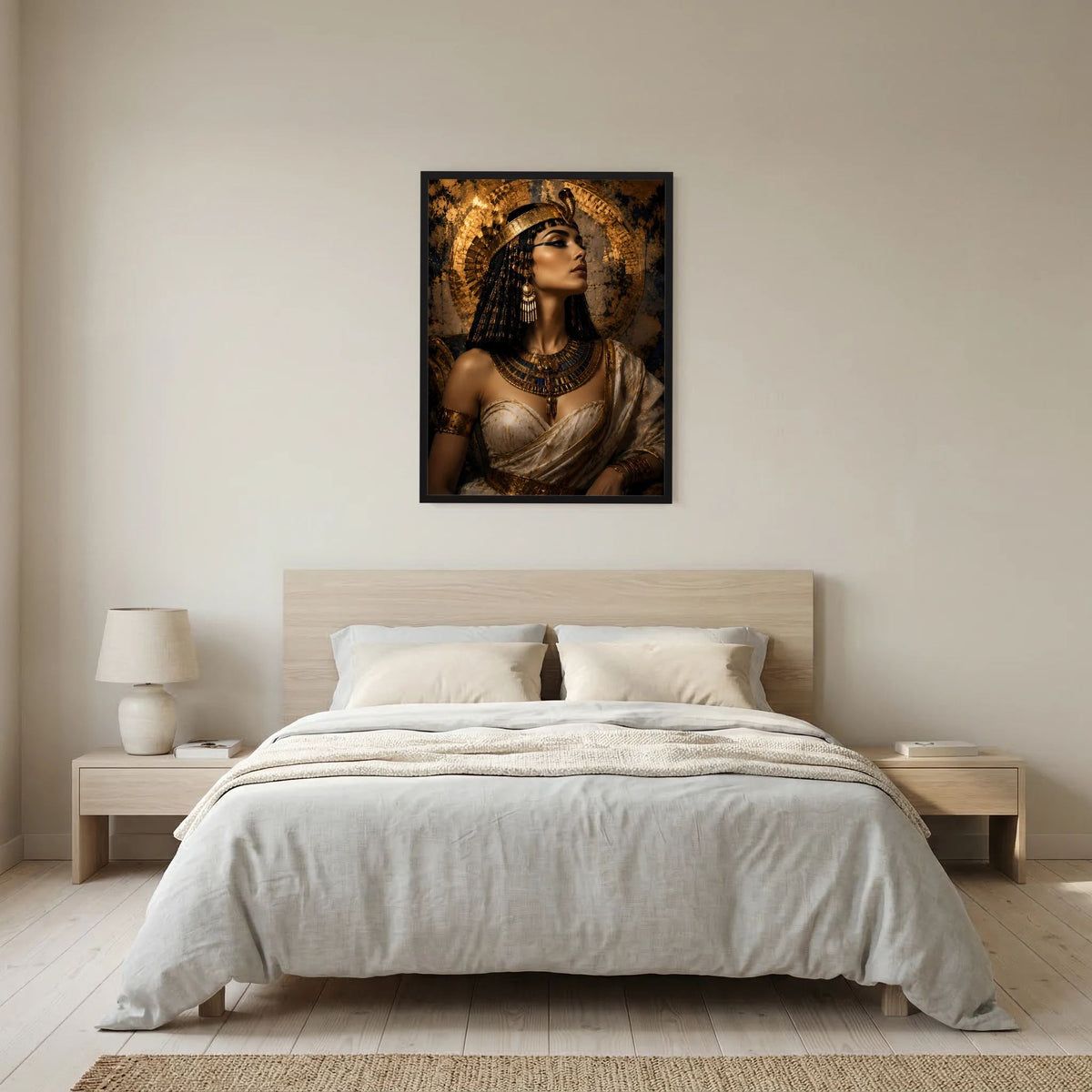 Hochformat-Poster mit ägyptischer Königin im Gold-Look, schwarz gerahmt.