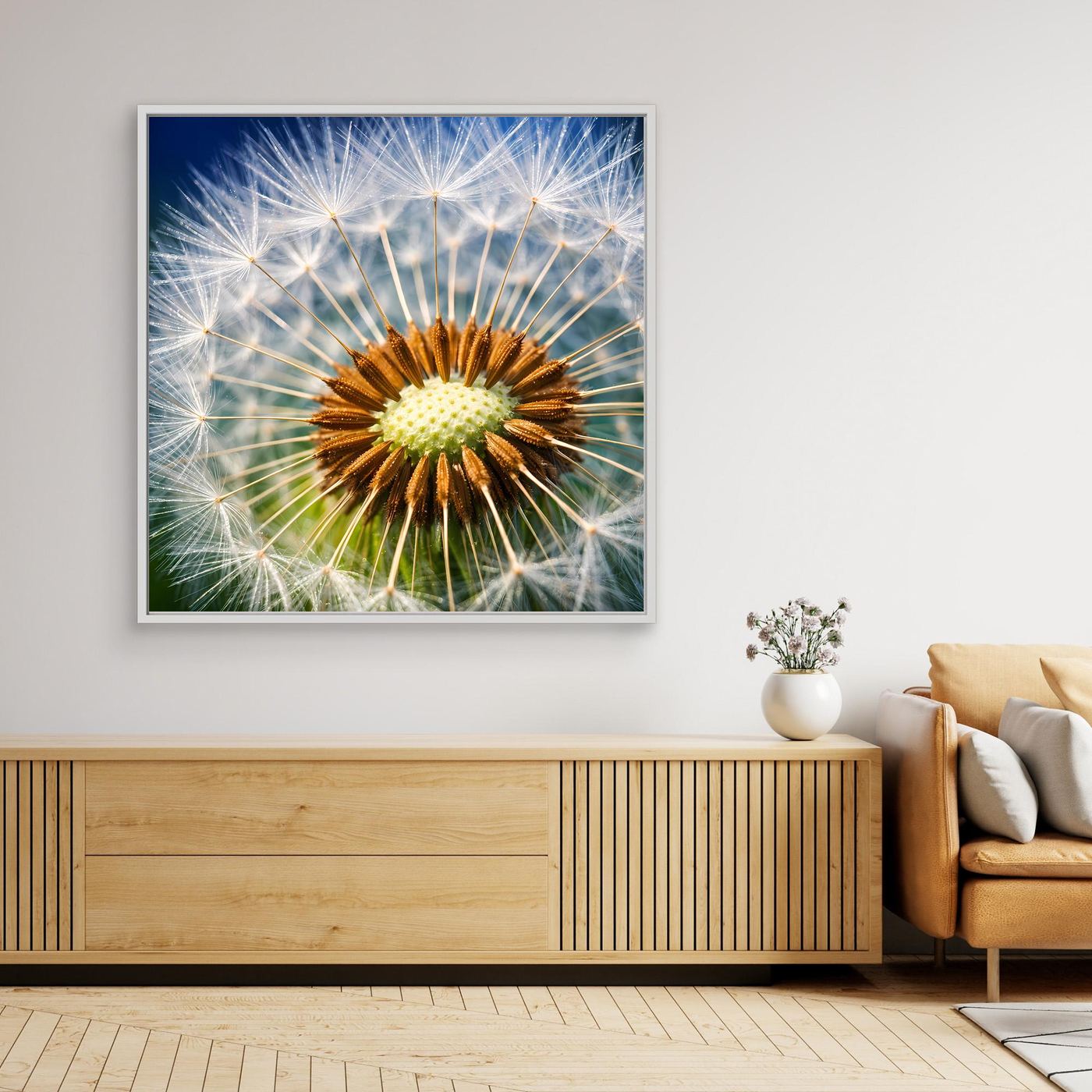 Schwarz gerahmtes Leinwandbild mit Makro-Pusteblume und weiß schimmernden Samenfäden