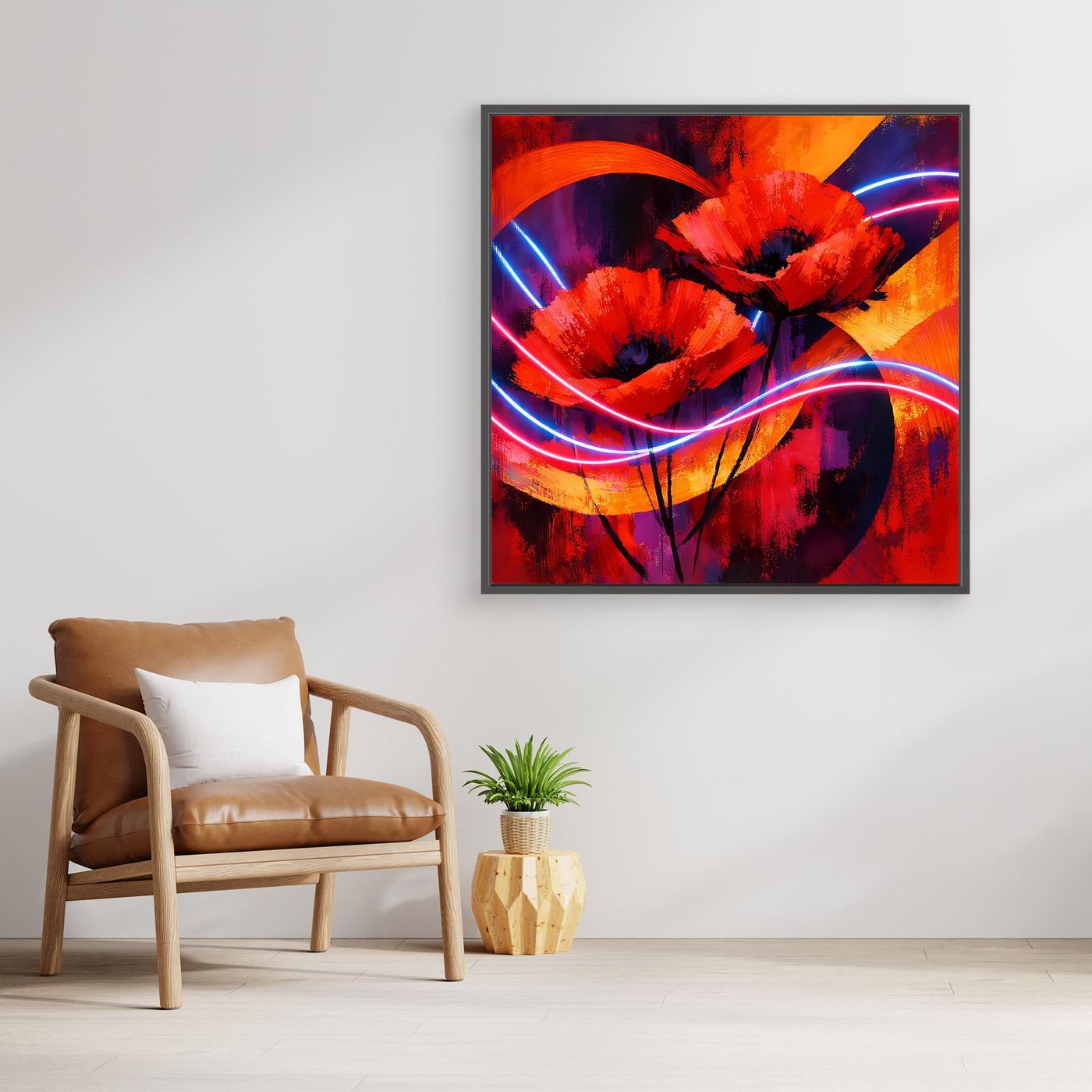 Leinwandbild mit roten Mohnblüten, Neonkurven in Blau/Violett und orangefarbenem Hintergrund, dunkler Rahmen