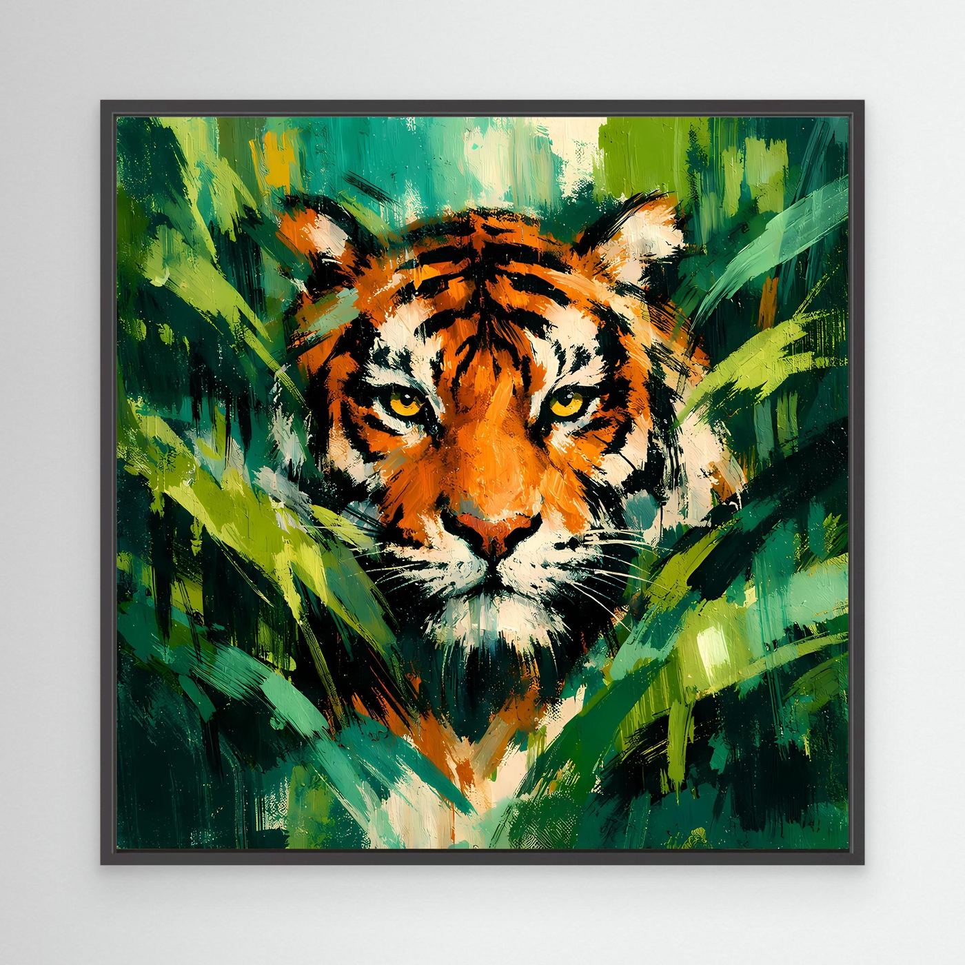 Leinwand Abstraktes Tiger Gemälde | Modernes Wandbild Raubkatze Dschungel Grün Orange