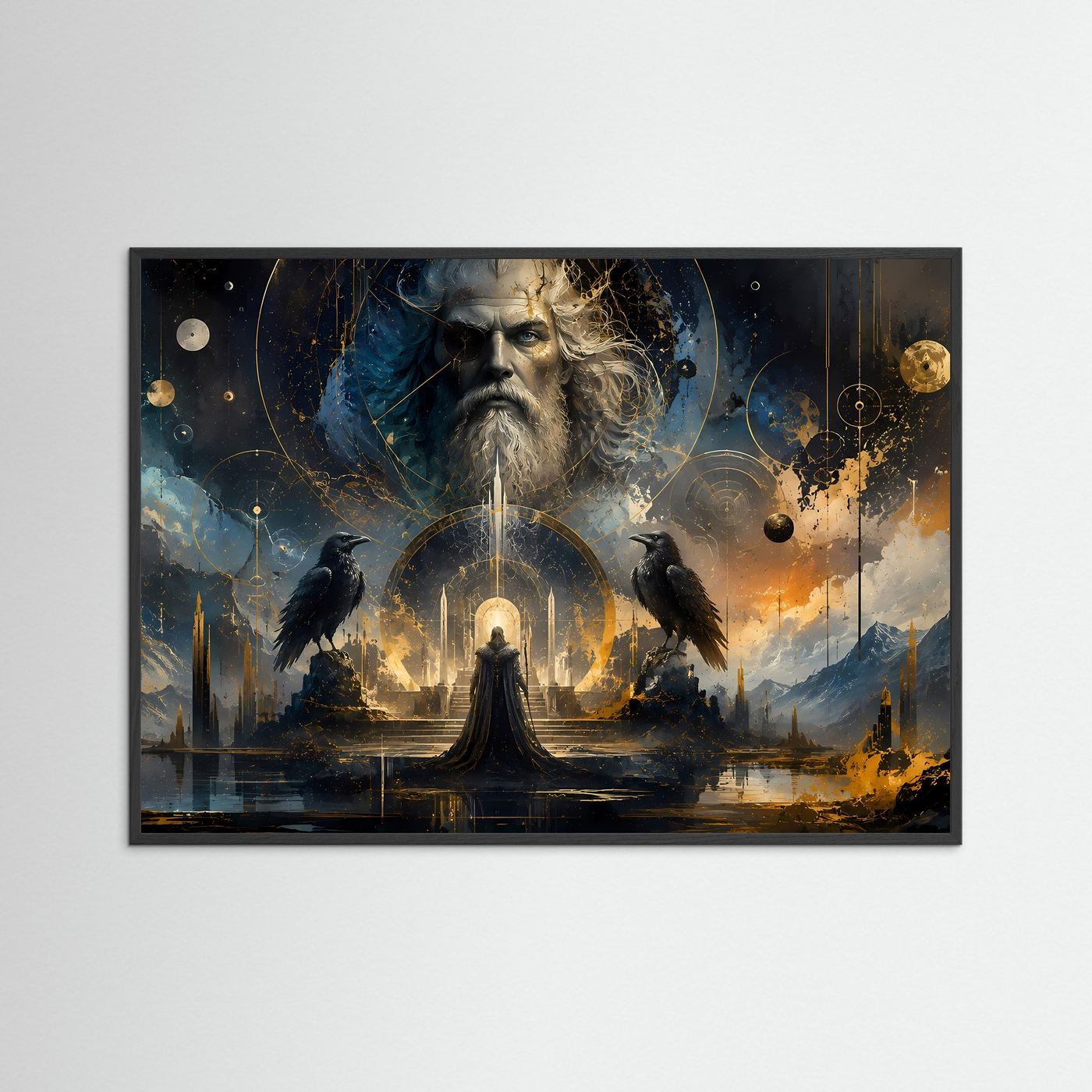 Odin mit Raben in Blau & Gold | Mystische nordische Götter Wandkunst