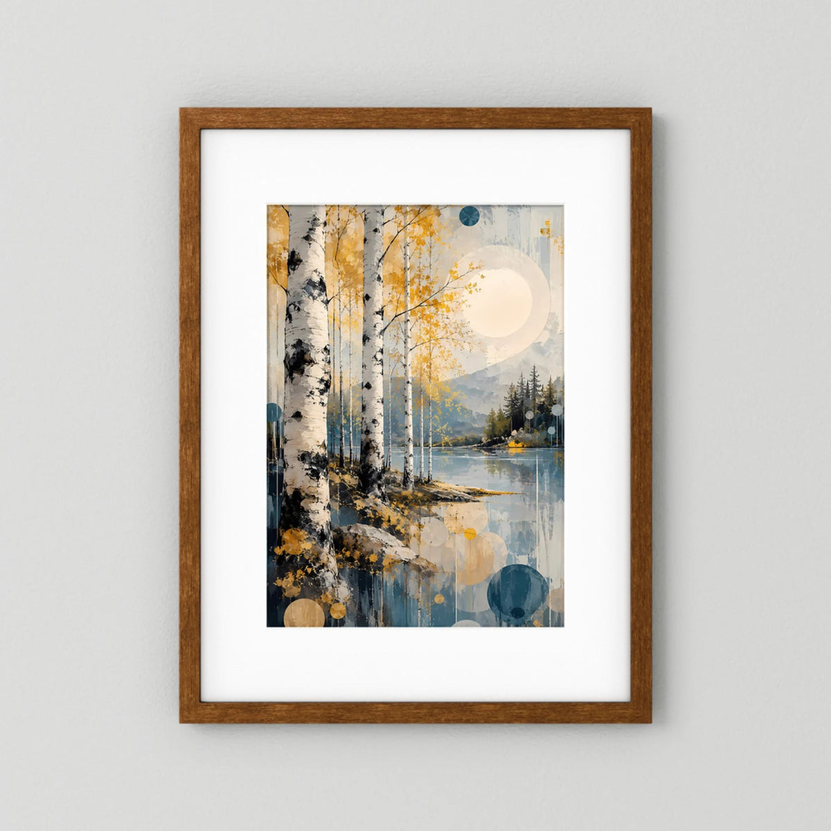 Hochformatiges Poster mit abstraktem Waldmotiv in Gold und Blau, brauner Holzrahmen