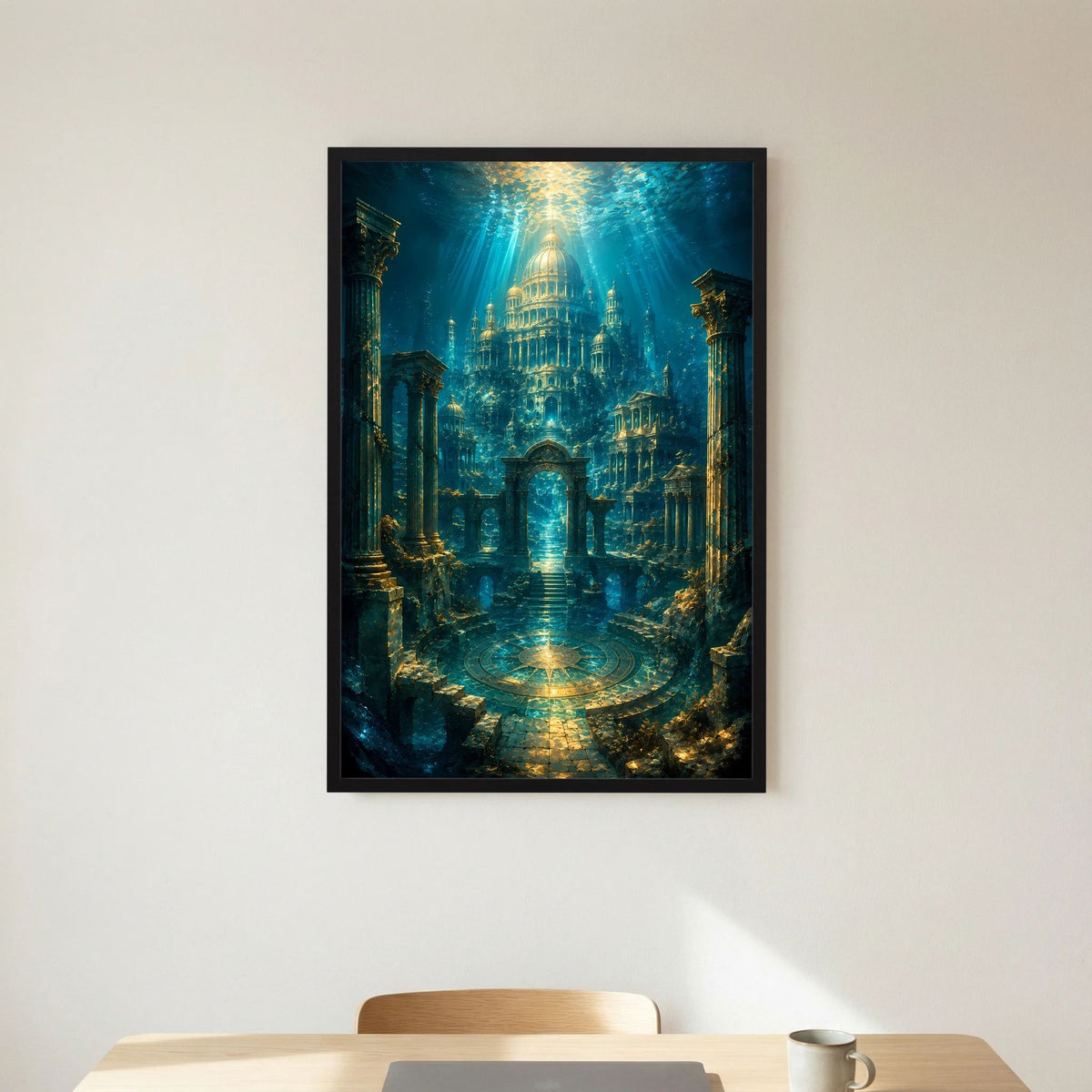 Unterwasser-Tempelposter im schwarzen Rahmen mit türkisfarbenen Säulen und goldenem Bodenlicht