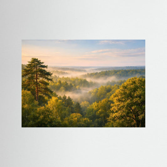 Naturposter im Querformat mit Baumkronen über Morgennebel im Wald