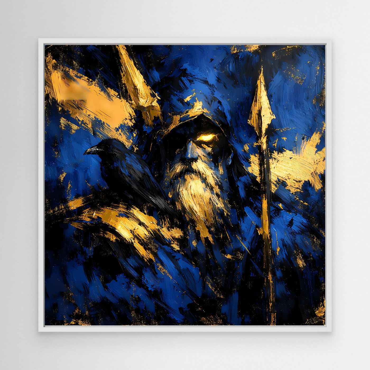Leinwand Odin der Allvater in Blau und Gold | Modernes Nordische Mythologie Wandbild mit Rabe