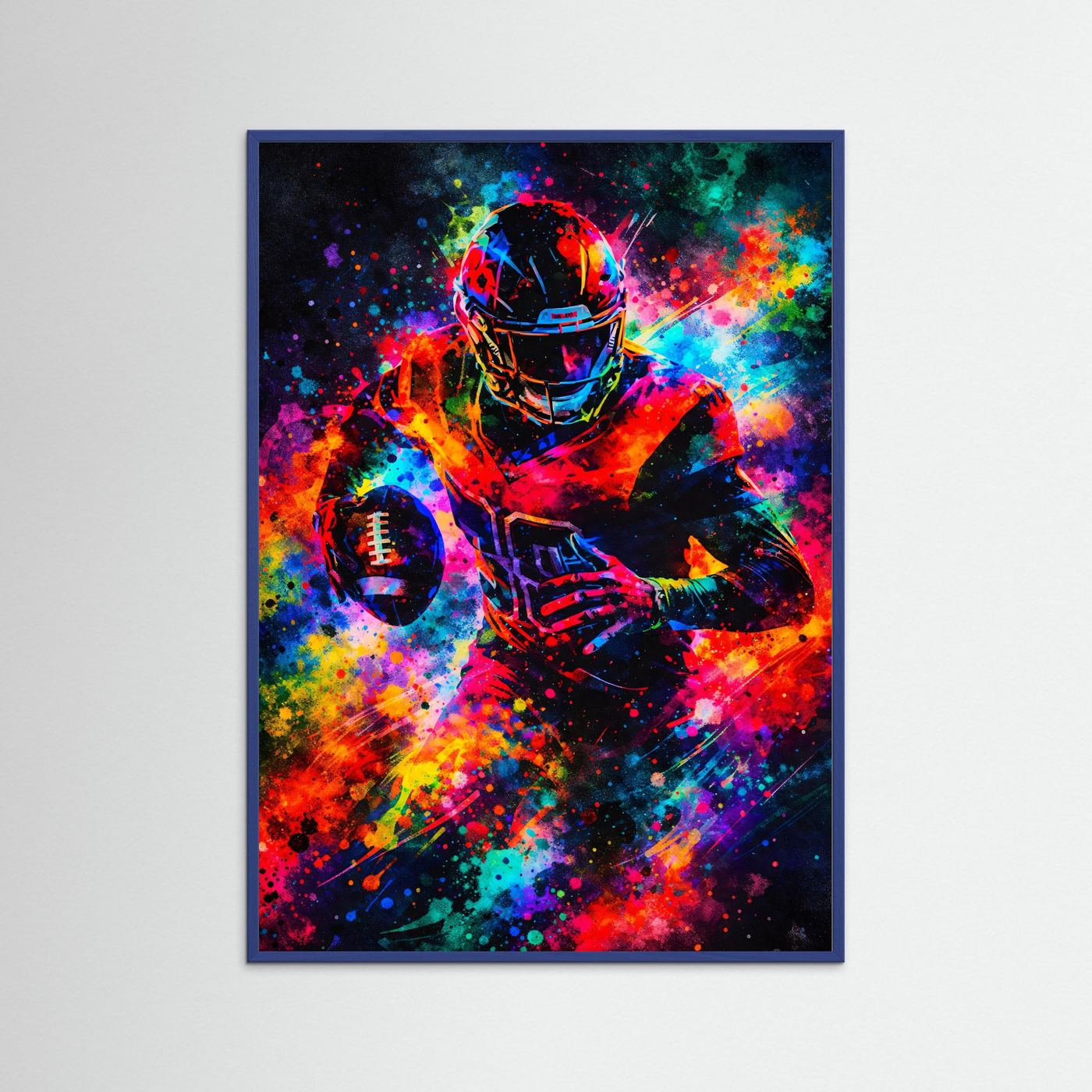 Neon-Footballposter im blauen Rahmen: Spieler im Helm, buntes Farbsprühbild, Hochformat