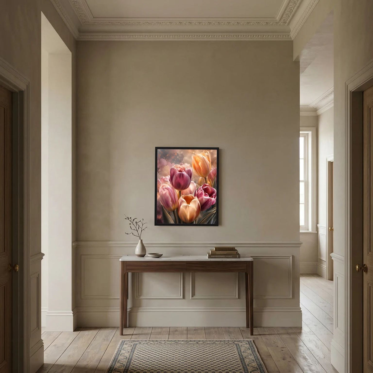 Gerahmtes Blumenposter mit Tulpen in Rosa und Apricot, Hochformat.